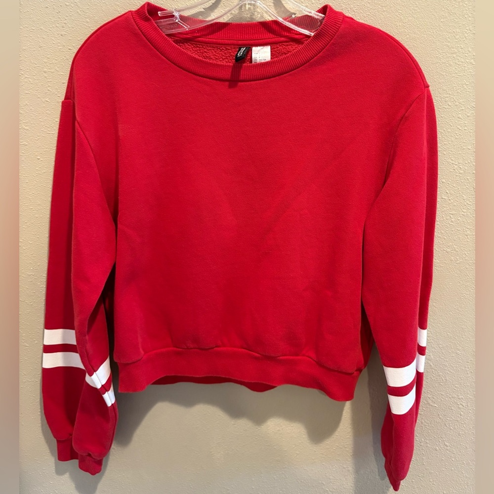H&M Red Sweatshirt with White Striped Sleeves